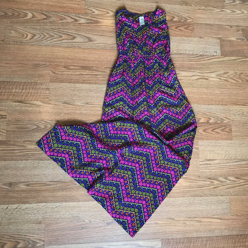 Vintage 60s Floral Chevron Pattern Maxi Dress S/M